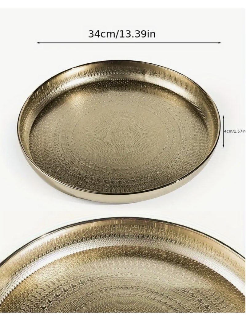Nakhl 34cm Gold Round Serving Tray with Etched Design, Luxury Decorative Tray for Makeup, Jewelry, Food, Coffee, Toiletries, Kitchen - Image 1